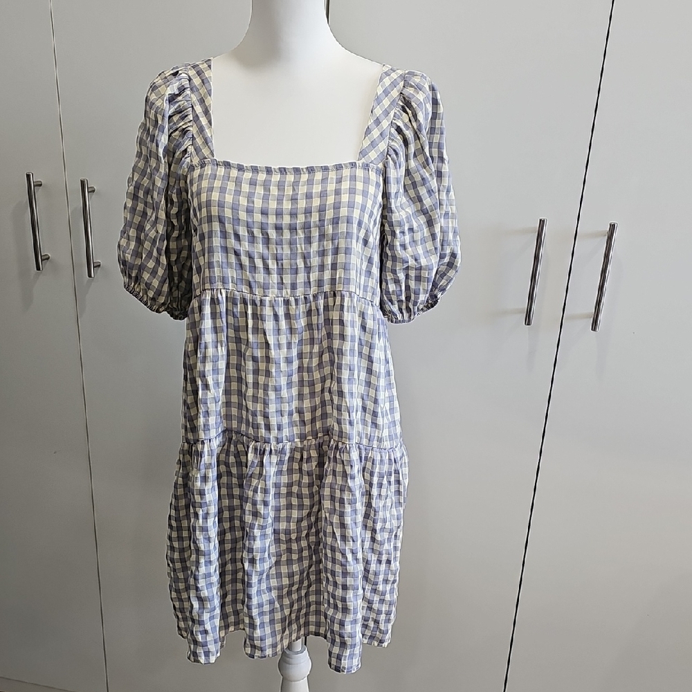 Blue and White Gingham Puff-Sleeve Tiered Midi Dress